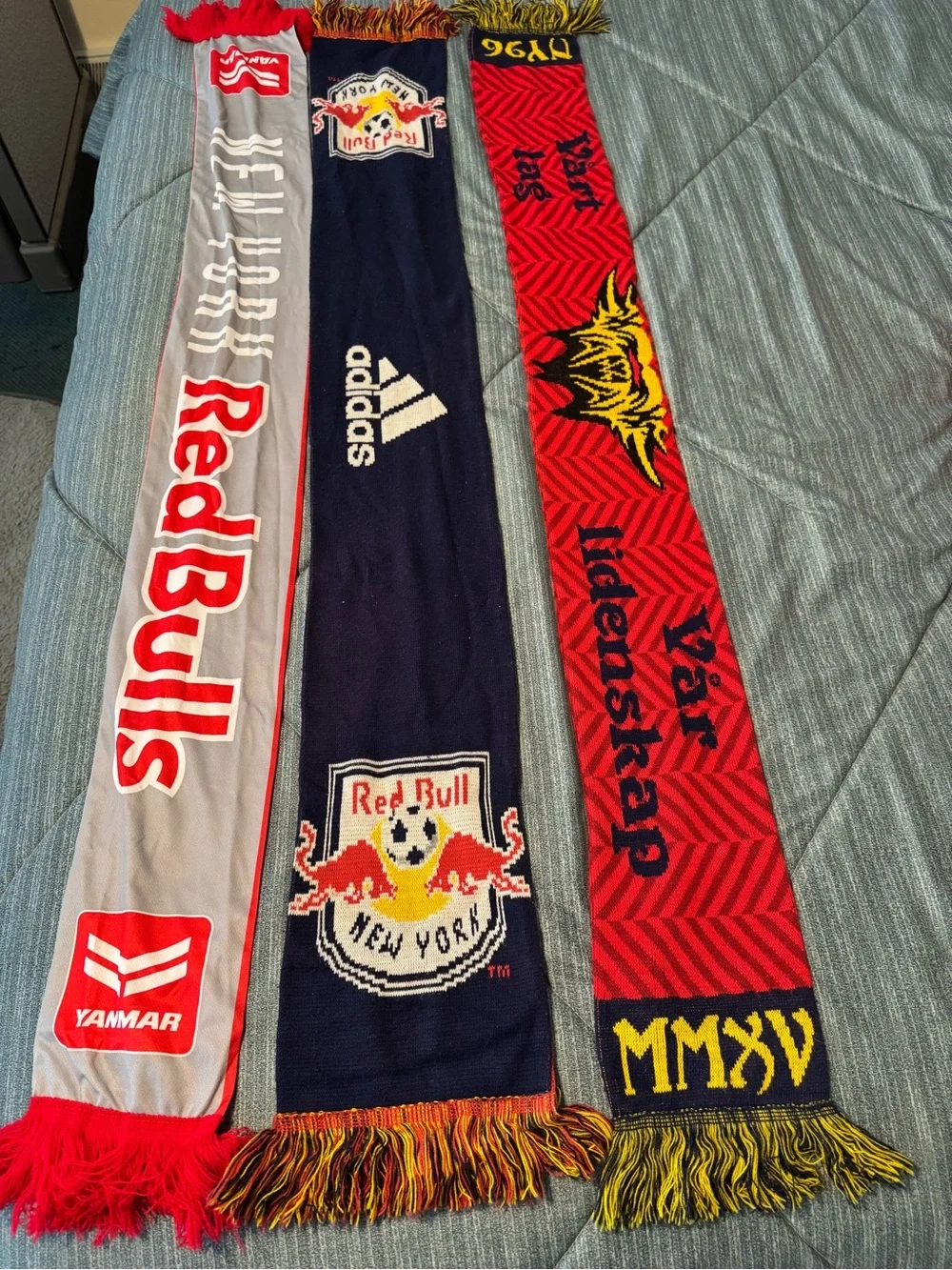 Adidas 2 Red and Navy Knit Sports Scarfs and 1 lighter weight one
